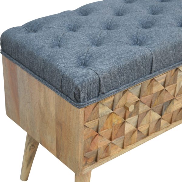 Solid Mango Wood Oak Finished Upholstered in Grey Tweed with Diamond Patterned Bench - Image 4