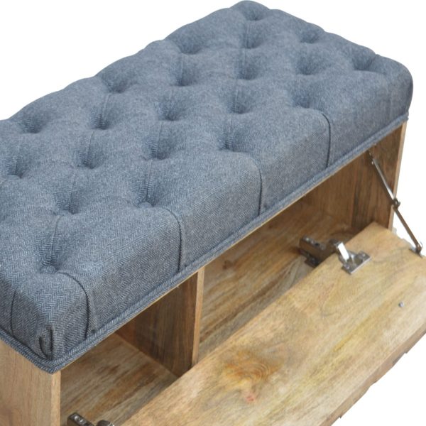 Solid Mango Wood Oak Finished Upholstered in Grey Tweed with Diamond Patterned Bench - Image 5