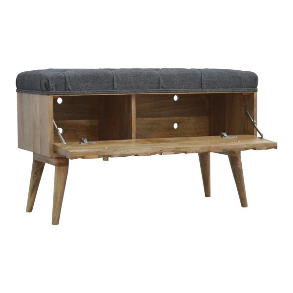 Solid Mango Wood Oak Finished Upholstered in Grey Tweed with Diamond Patterned Bench - Image 7