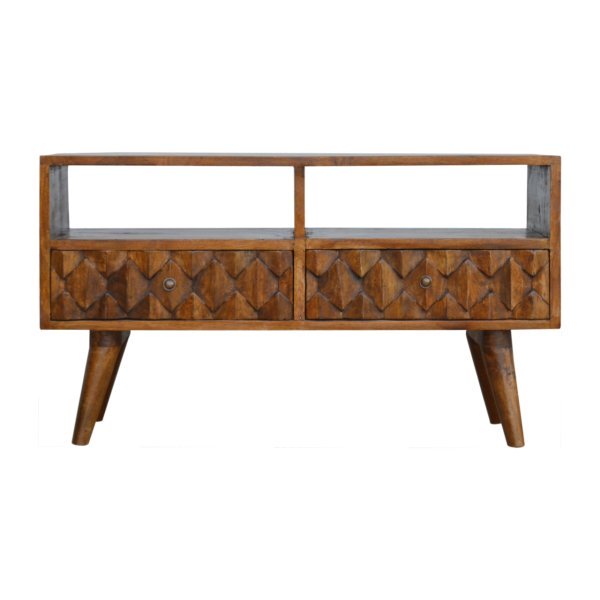 Solid Mango Wood Chestnut Finished 2 Drawers 2 Slots Pineapple Carved Media Unit