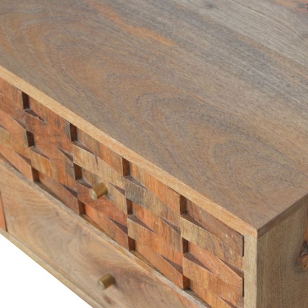 Solid Mango Wood Oak Finished 2 Drawer 2 Slot Tile Carved TV Unit - Image 4