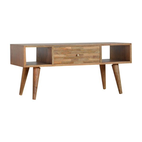 Solid Mango Wood Oak Finished 1 Drawer Mixed Tones Coffee Table - Image 3