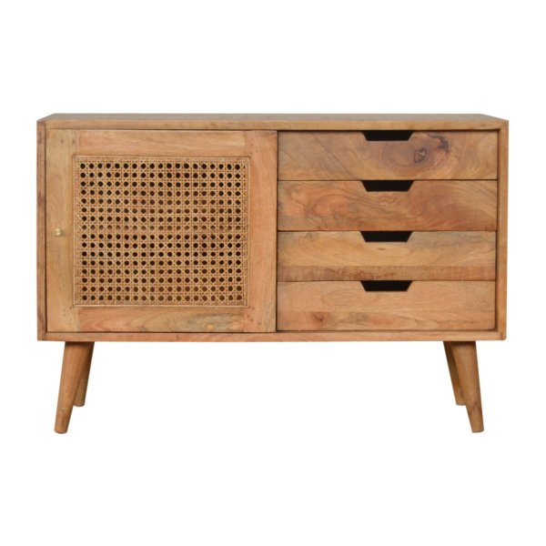 Solid Mango Wood Oak Finished 4 Drawer 1 Rattan Door Larissa Cabinet