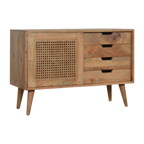 Solid Mango Wood Oak Finished 4 Drawer 1 Rattan Door Larissa Cabinet - Image 2