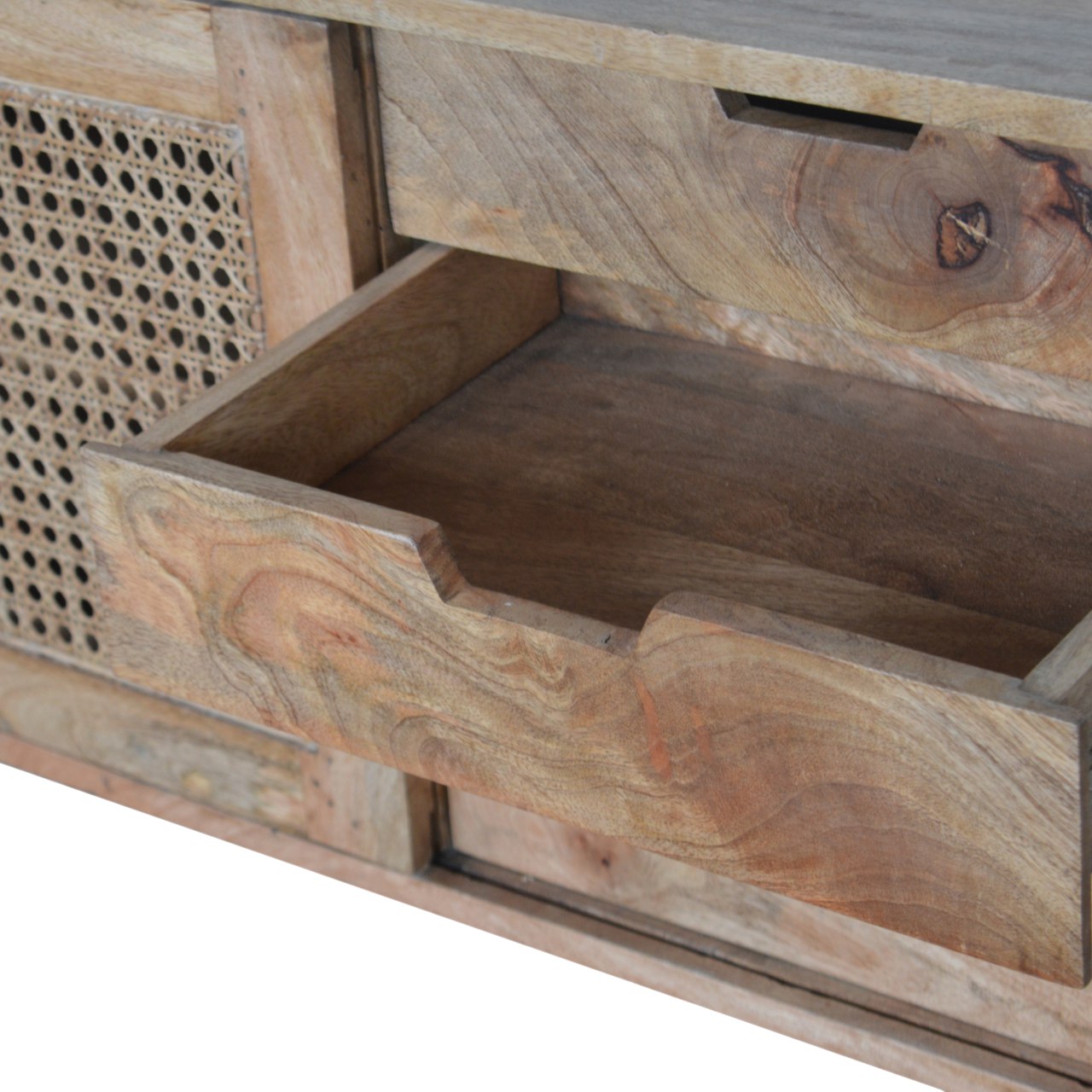 Solid Mango Wood Oak Finished 4 Drawer 1 Rattan Door Larissa Cabinet - Image 5