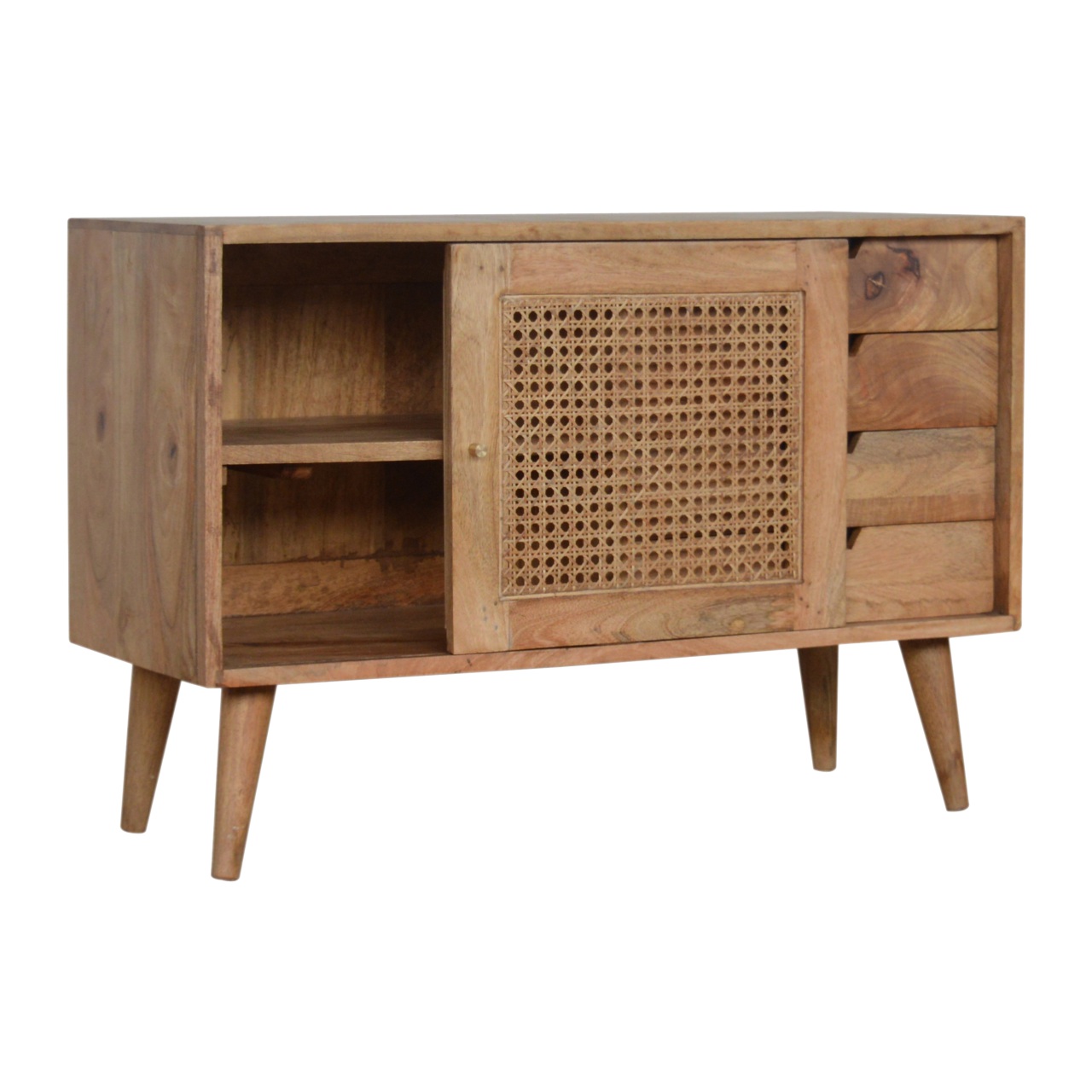 Solid Mango Wood Oak Finished 4 Drawer 1 Rattan Door Larissa Cabinet - Image 7