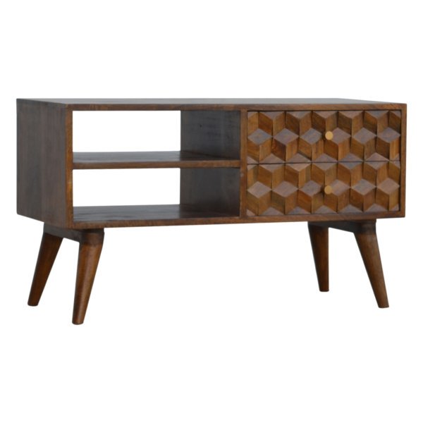 Solid Mango Wood Chestnut Finished 2 Drawer 2 Slot Cube Carved Media Unit - Image 2