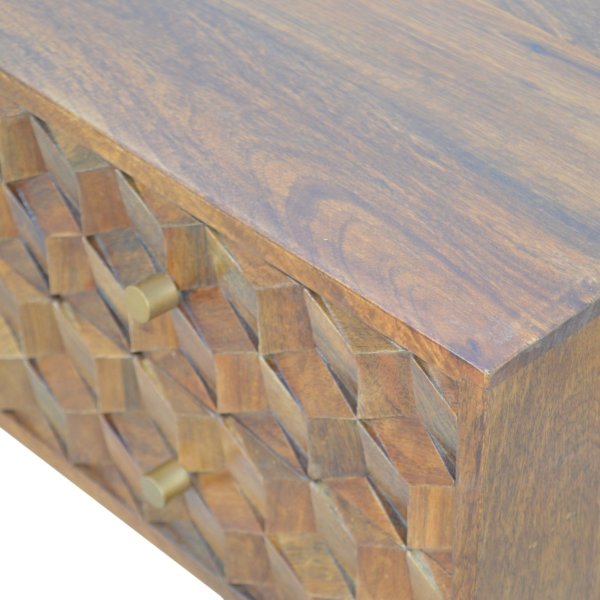 Solid Mango Wood Chestnut Finished 2 Drawer 2 Slot Cube Carved Media Unit - Image 5