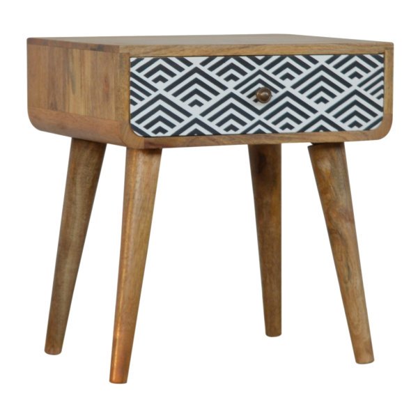 Solid Mango Wood Oak Finished 1 Drawer Hand Painted Monochrome Print Bedside - Image 2
