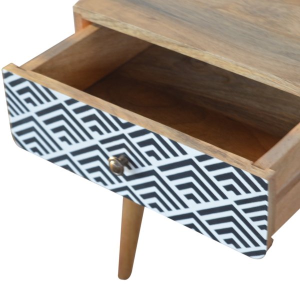 Solid Mango Wood Oak Finished 1 Drawer Hand Painted Monochrome Print Bedside - Image 7