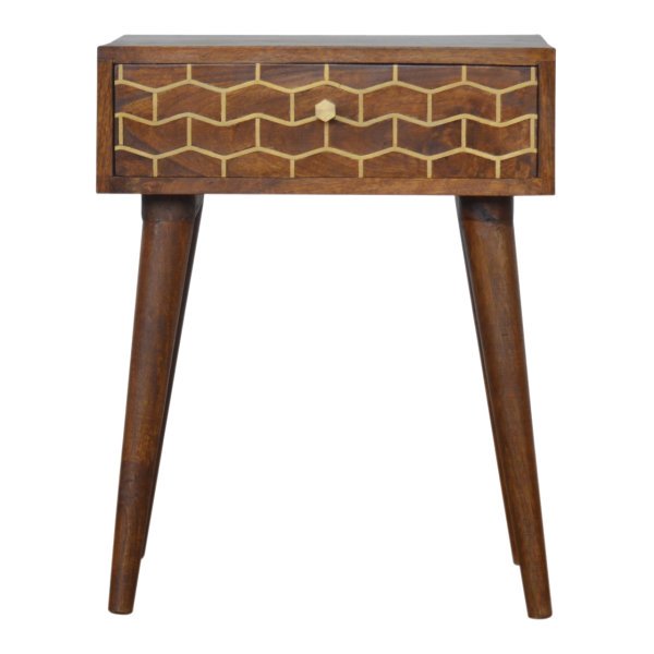 Solid Mango Wood Chestnut Finished 1 Drawer Gold Art Pattern Bedside - Image 2