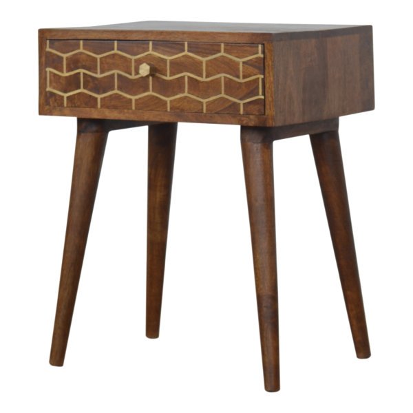 Solid Mango Wood Chestnut Finished 1 Drawer Gold Art Pattern Bedside - Image 3