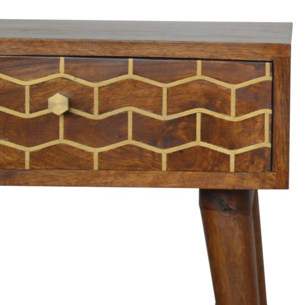 Solid Mango Wood Chestnut Finished 1 Drawer Gold Art Pattern Bedside - Image 4
