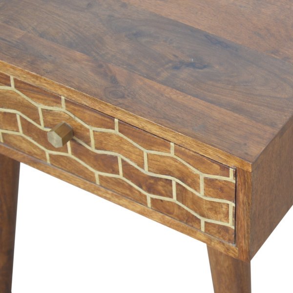 Solid Mango Wood Chestnut Finished 1 Drawer Gold Art Pattern Bedside - Image 5