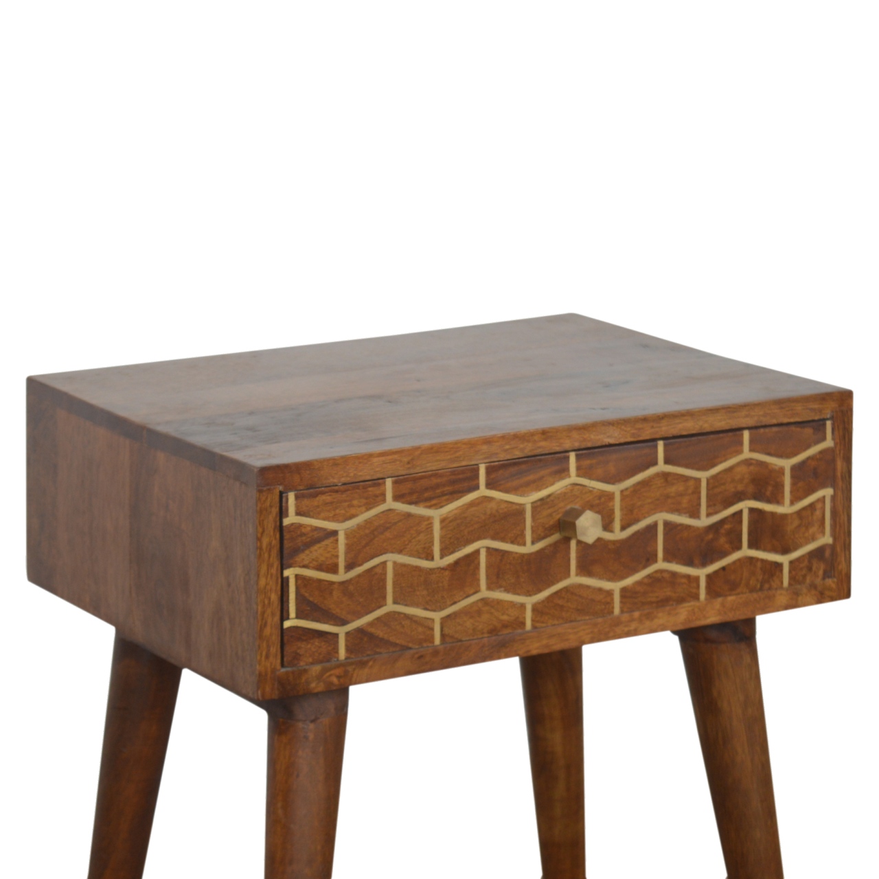 Solid Mango Wood Chestnut Finished 1 Drawer Gold Art Pattern Bedside - Image 6