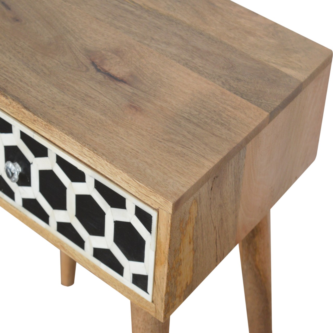 Solid Mango Wood Oak Finished 1 Drawer Bone Inlay Bedside - Image 4