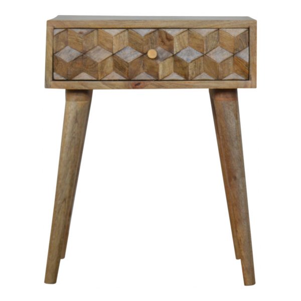 Solid Mango Wood Oak Finished Cube Carved 1 Drawer Bedside