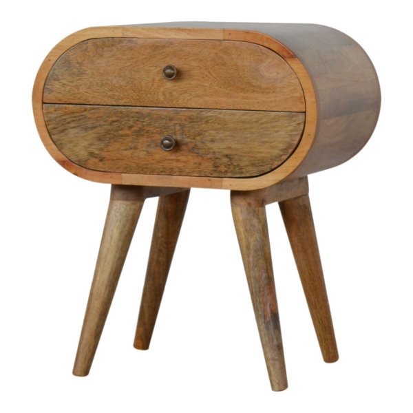 Solid Mango Wood Oak Finished 2 Drawer Rounded Bedside - Image 2