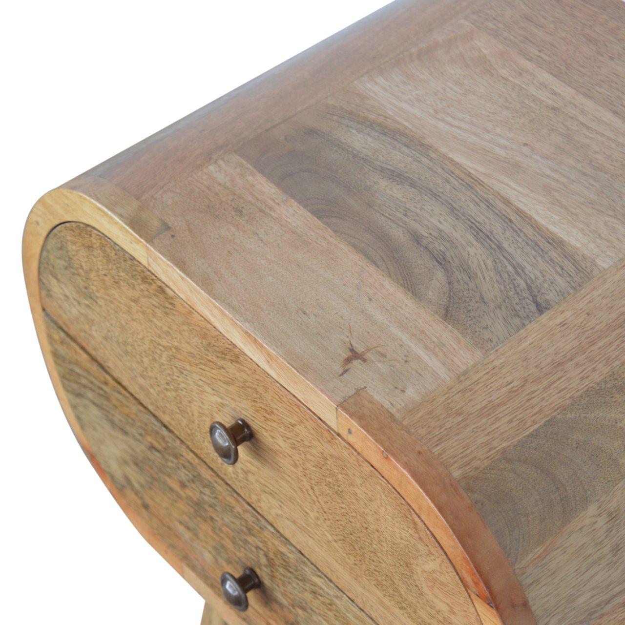 Solid Mango Wood Oak Finished 2 Drawer Rounded Bedside - Image 3