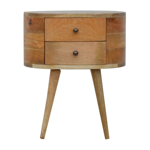 Solid Mango Wood Oak Finished Rounded Bedside Table