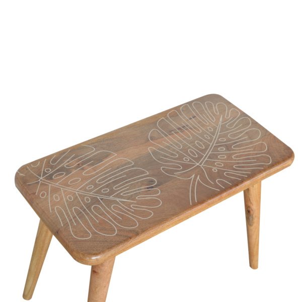 Solid Mango Wood Oak Finished Leaf Resin Top Print Bench - Image 8