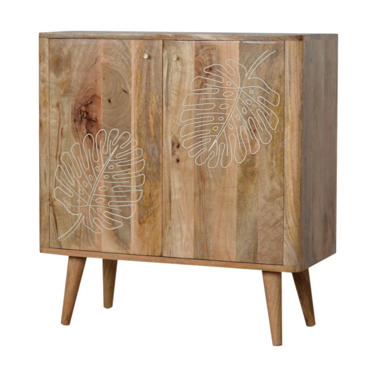 Solid Mango Wood Oak Finished 2 Door Resin Embossed Cabinet - Image 2