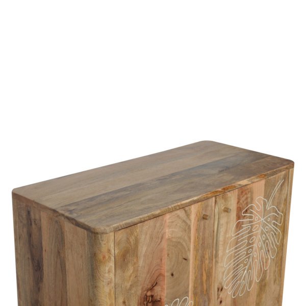 Solid Mango Wood Oak Finished 2 Door Resin Embossed Cabinet - Image 3