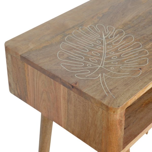 Solid Mango Wood Oak Finished 1 Drawer Leaf Embossed Top Writing Desk - Image 4