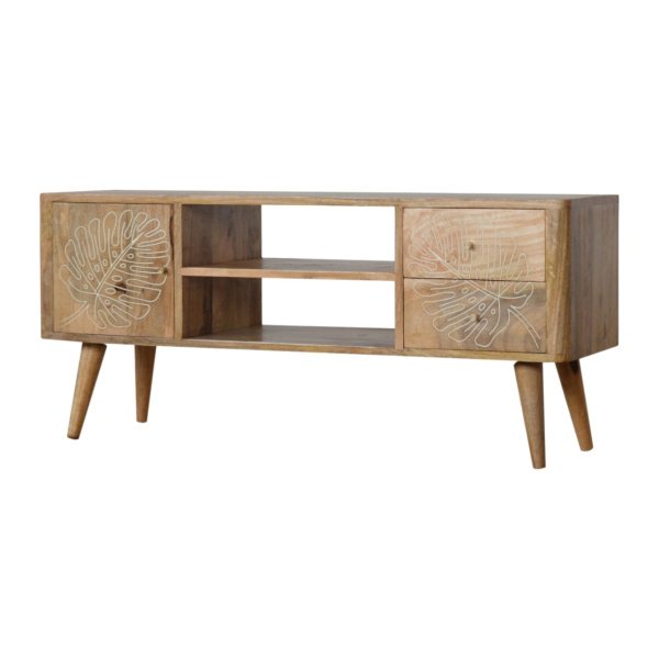 Solid Mango Wood Oak Finish 2 Drawer 1 Door Leaf Resin Entertainment Unit - Image 2