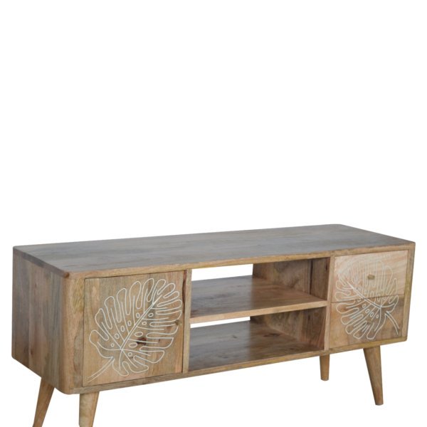 Solid Mango Wood Oak Finish 2 Drawer 1 Door Leaf Resin Entertainment Unit - Image 7