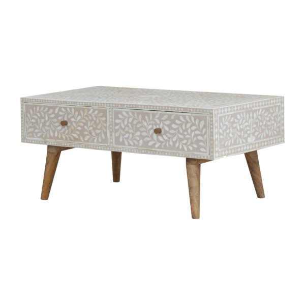 Solid Mango Wood Oak Finished 4 Drawer Hand Painted Taupe Floral Bone Coffee Table - Image 3