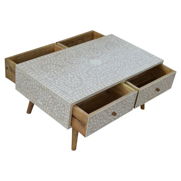 Solid Mango Wood Oak Finished 4 Drawer Hand Painted Taupe Floral Bone Coffee Table - Image 4
