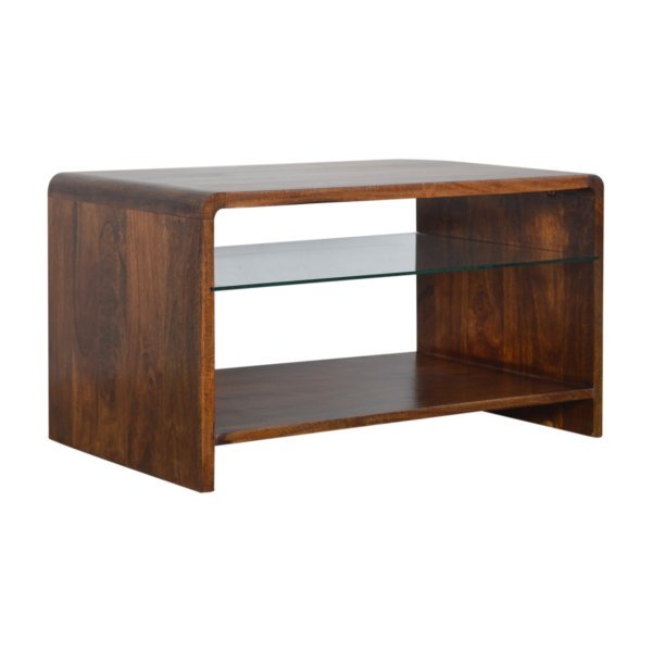 Solid Mango Wood Chestnut Finished Glass Shelf Coffee Table - Image 2