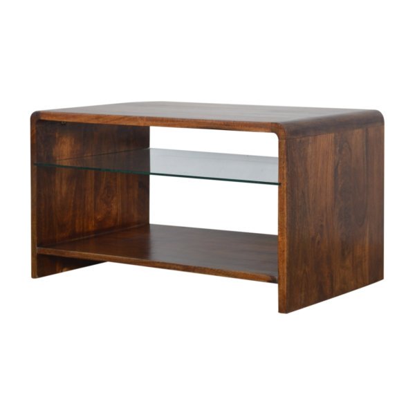 Solid Mango Wood Chestnut Finished Glass Shelf Coffee Table - Image 3
