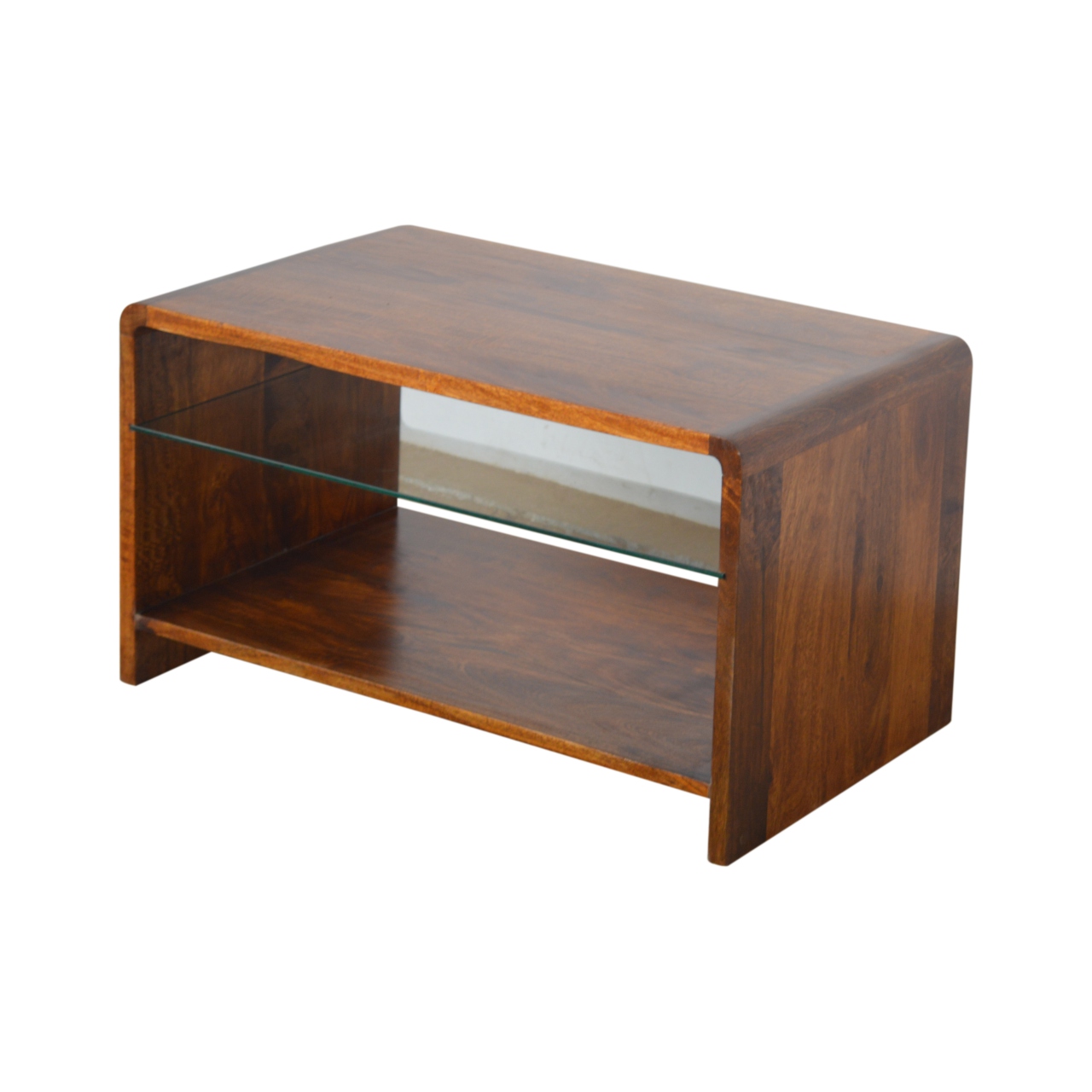 Solid Mango Wood Chestnut Finished Glass Shelf Coffee Table - Image 4