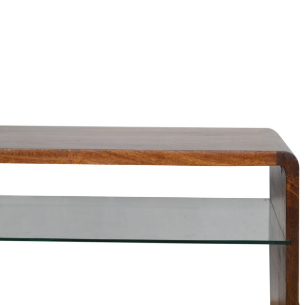 Solid Mango Wood Chestnut Finished Glass Shelf Coffee Table - Image 6