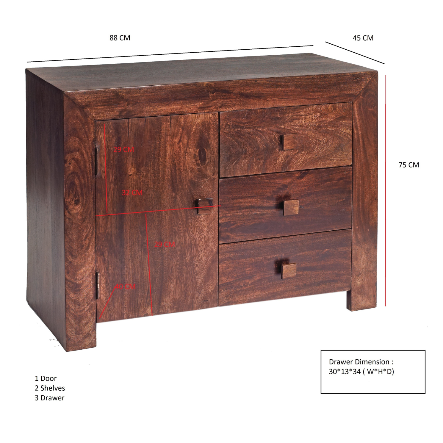 Toko Dark Mango 3 Drawer Sideboard - Image 4