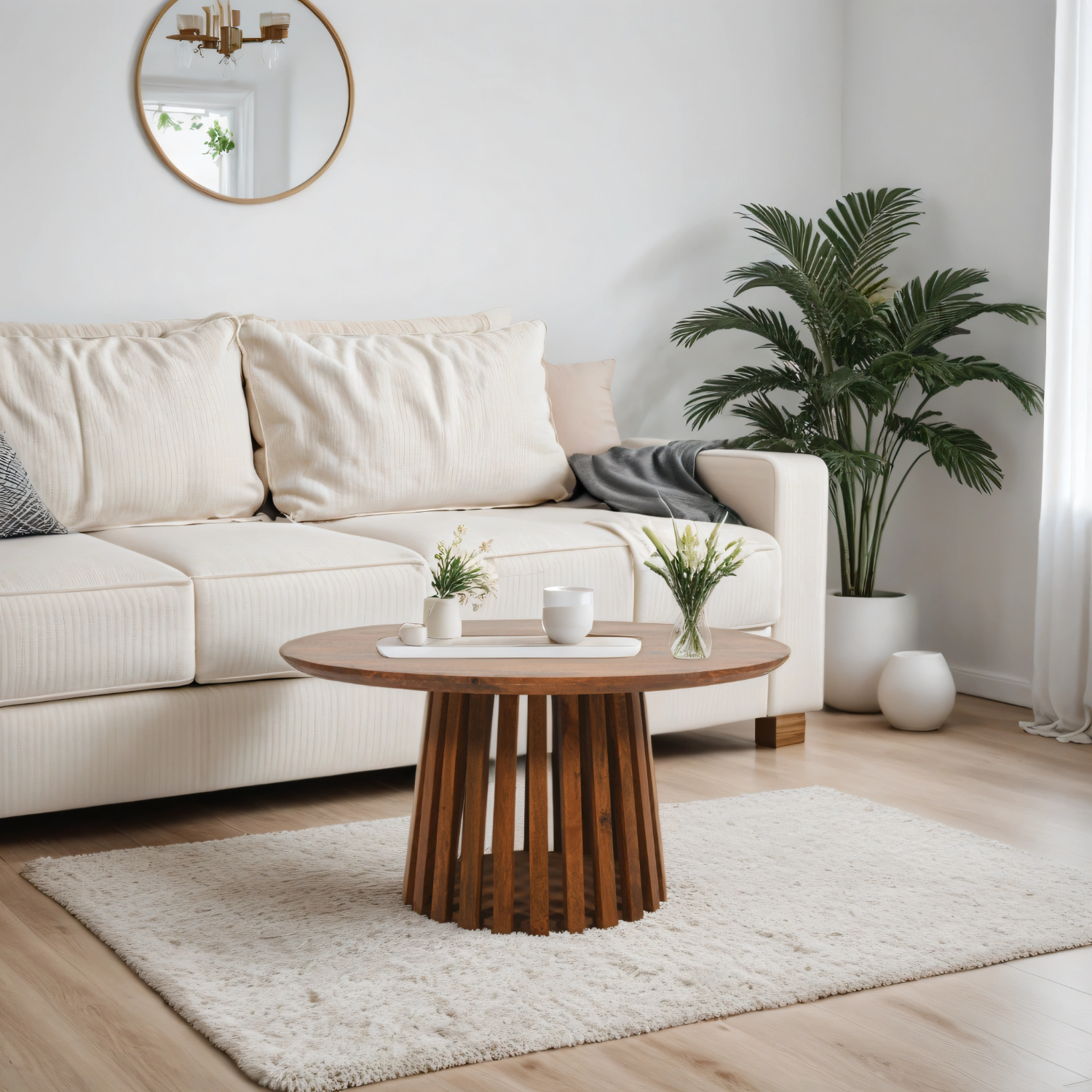 Slatted Mango Wood Round Coffee Table - Image 6