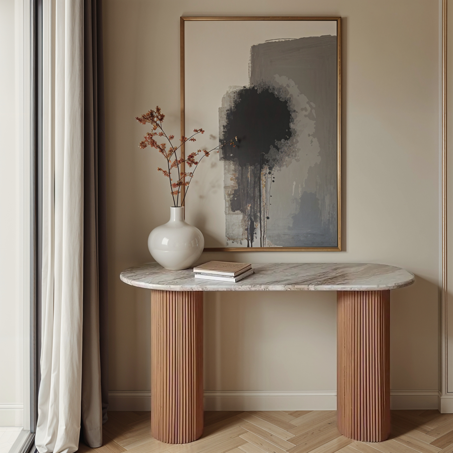 Ashford Natural Marble & Wood Pedestal Console Table - Image 5