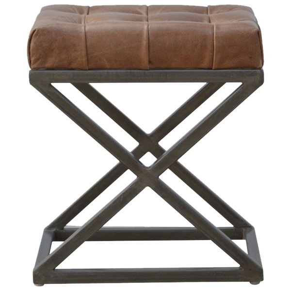 Solid Mango Wood Iron Based Leather Upholstered Industrial Cross Metal Stool