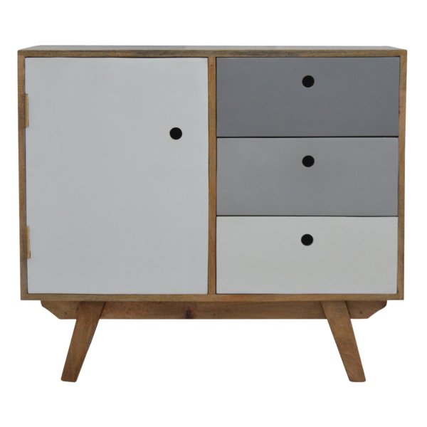 Solid Mango Wood Oak Finished 3 Drawer 1 Door Two Tone Hand Painted Cabinet