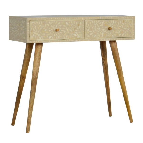 Solid Mango Wood Oak Finished 2 Drawer Floral Bone Inlay Console Table - Image 2