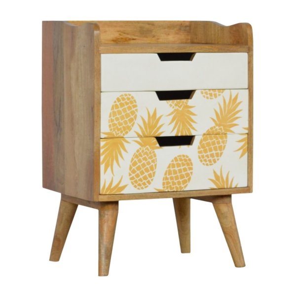 Solid Mango Wood Oak Finished 3 Drawer Pineapple Screen Printed Bedside - Image 3
