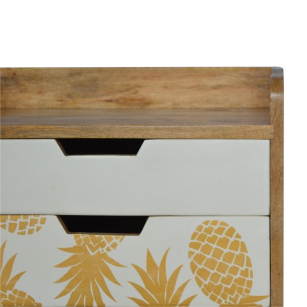 Solid Mango Wood Oak Finished 3 Drawer Pineapple Screen Printed Bedside - Image 4