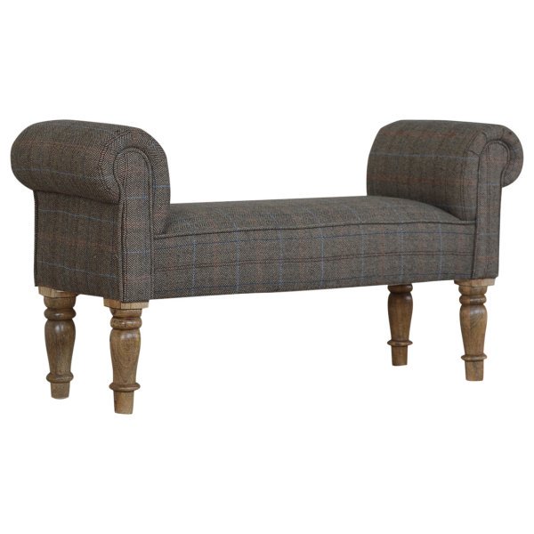Solid Mango Wood Checked Tweed Upholstered Bench - Image 3