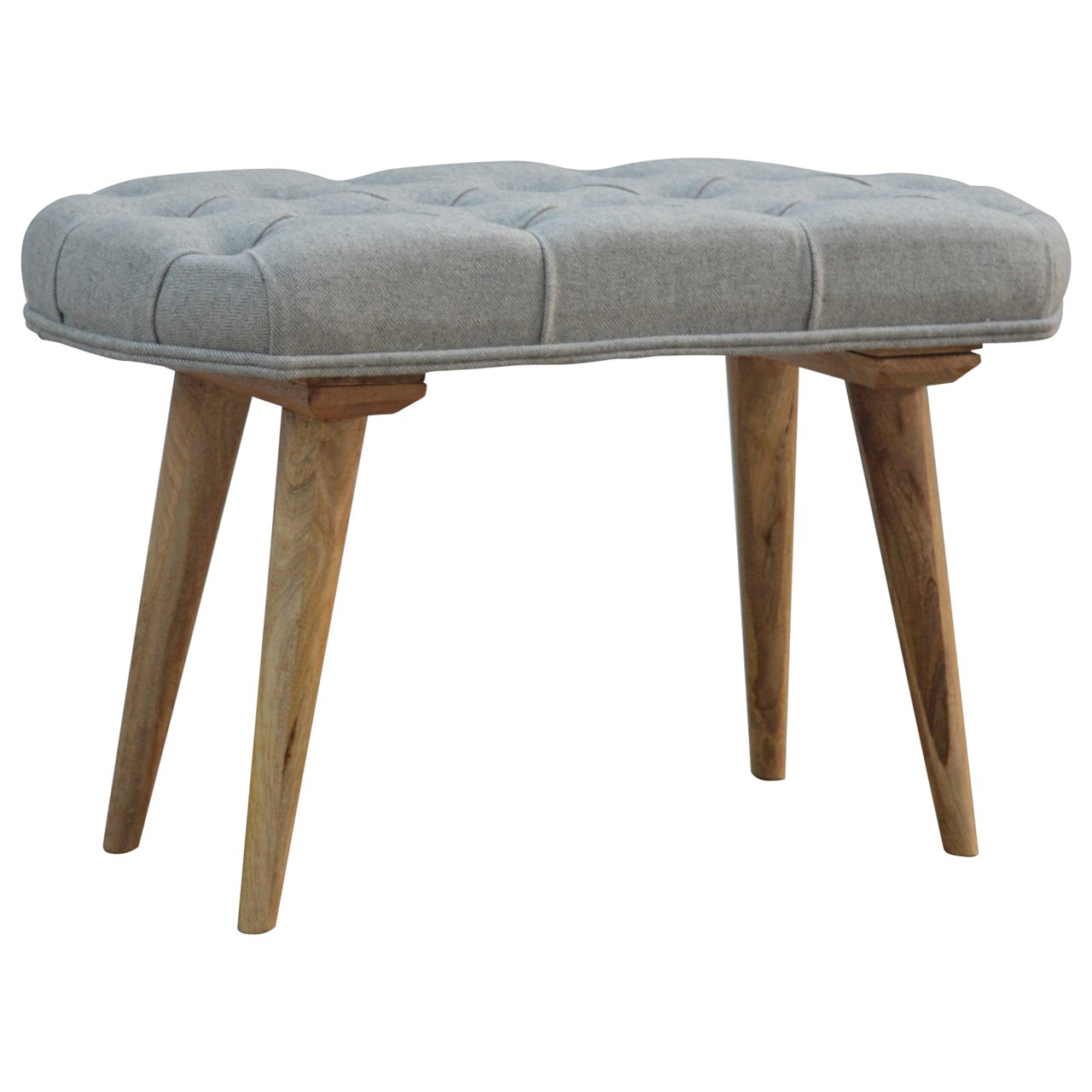 Solid Mango Wood Deep Buttoned Grey Tweed Upholstered Pouffe - Image 2