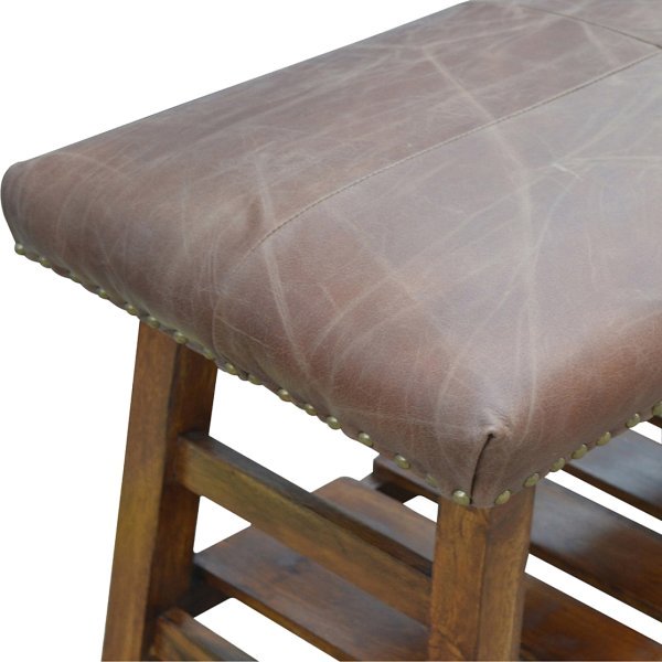Solid Mango Wood California Walnut & Tan Leather Upholstered Hallway Bench - Image 4