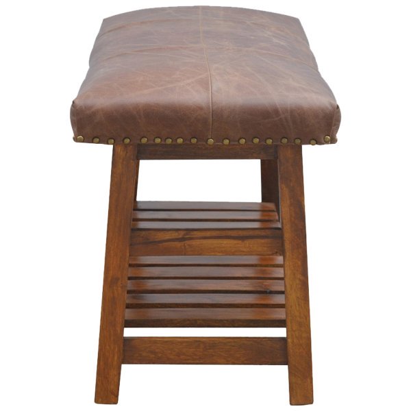 Solid Mango Wood California Walnut & Tan Leather Upholstered Hallway Bench - Image 5