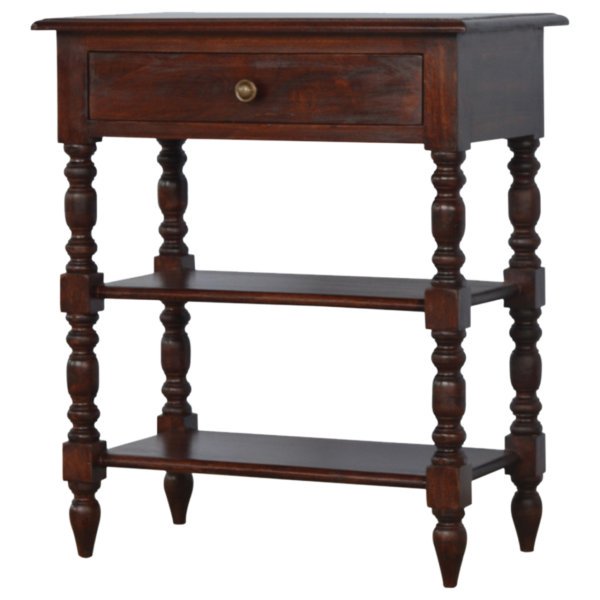 Solid Mango Wood Cherry Finished 1 Drawer 1 Shelf Turned Legs Table