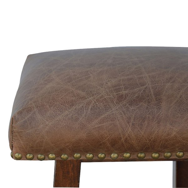 Solid Mango Wood Oak Finished Brass & Leather Upholstered Bar Stool - Image 4